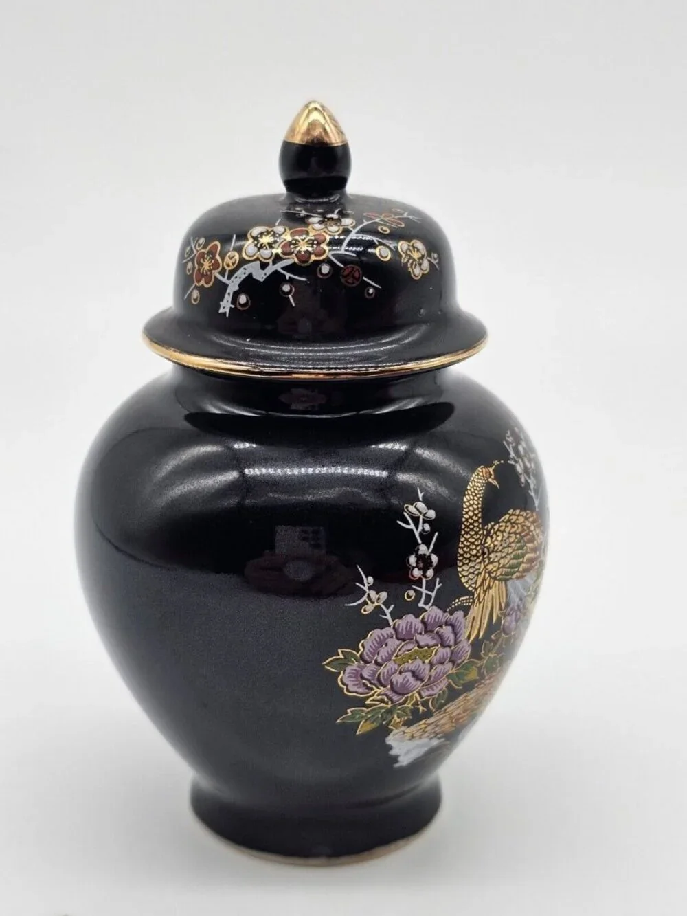 Asahi Japan Vase Black Floral Porcelain Peacock Ginger Jar Urn with Lid